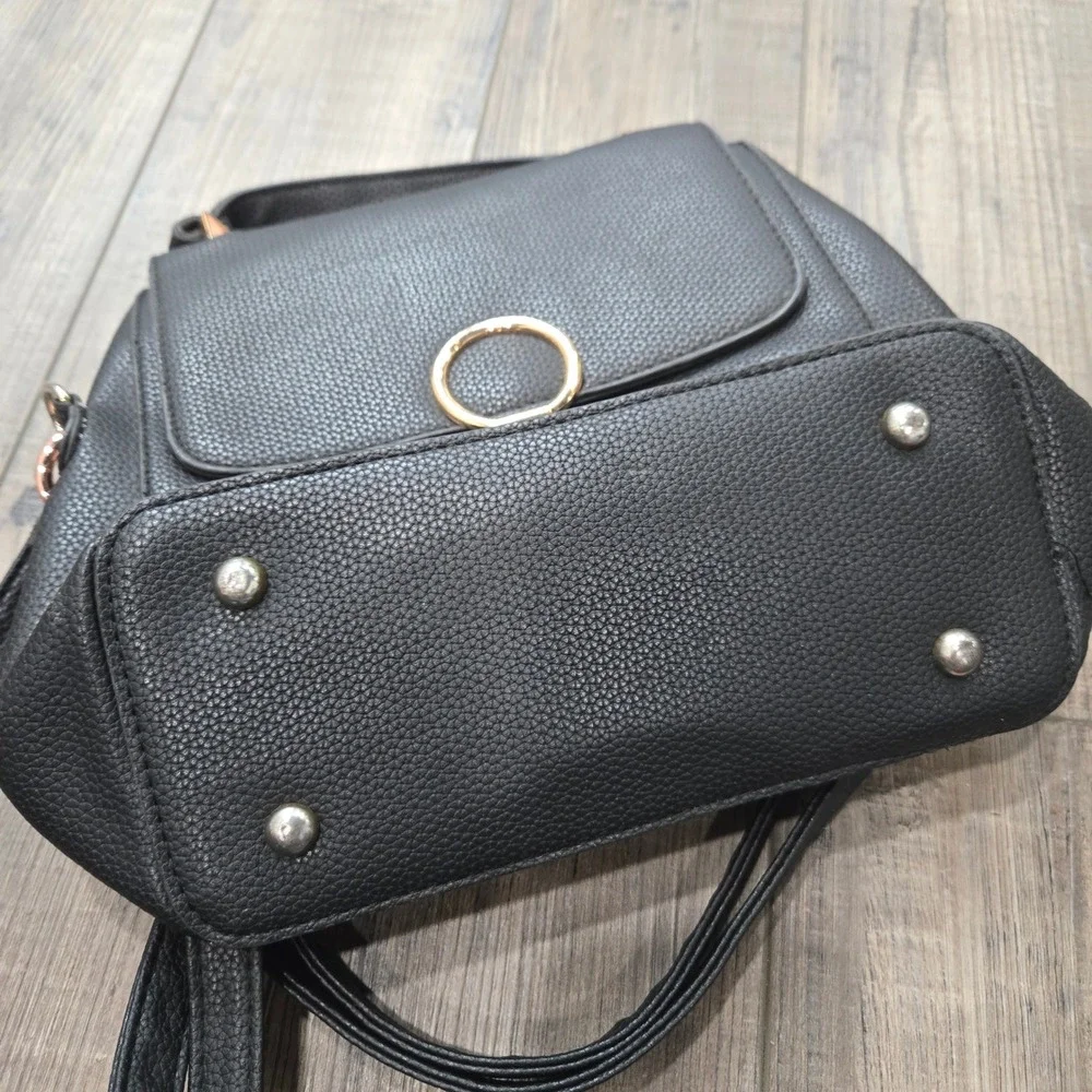 Black Pebbled Faux‎ Leather Convertible Backpack Satchel Rose Gold Ring Detail